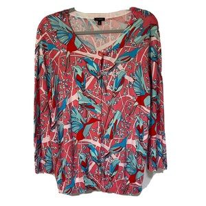 TALBOTS Sweater Women’s Size XL Pink and Teal Blue Bird Print, EUC